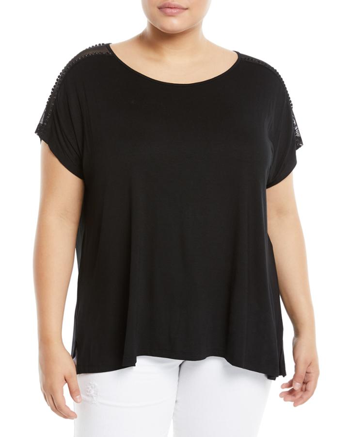 Crochet-trim Boat-neck Boxy Tee,