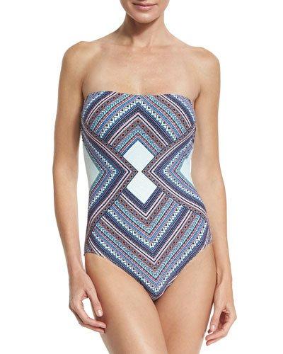 Geometric-print Bandeau Maillot One-piece Swimsuit, Blue Pattern