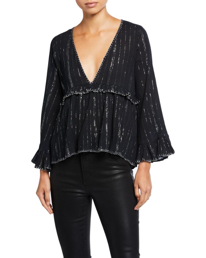 Metallic Striped Deep V-neck Long-sleeve Peplum Top