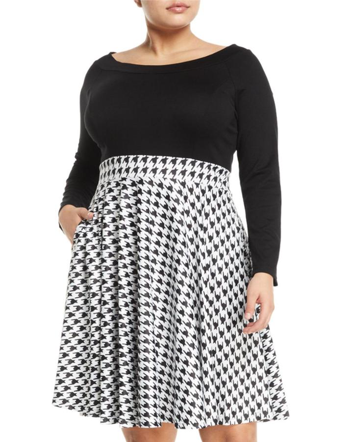 Houndstooth-skirt Long-sleeve Fit & Flare Dress With Pocket,
