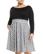 Houndstooth-skirt Long-sleeve Fit & Flare Dress With Pocket,