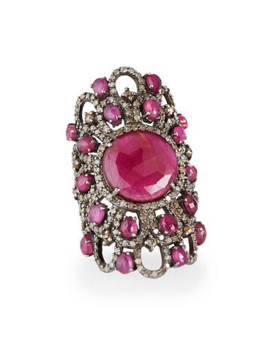 Sterling Silver Ruby Statement Ring With Diamonds