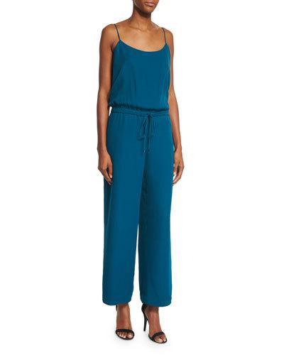 Sleeveless Wide-leg Cropped Jumpsuit, Teal