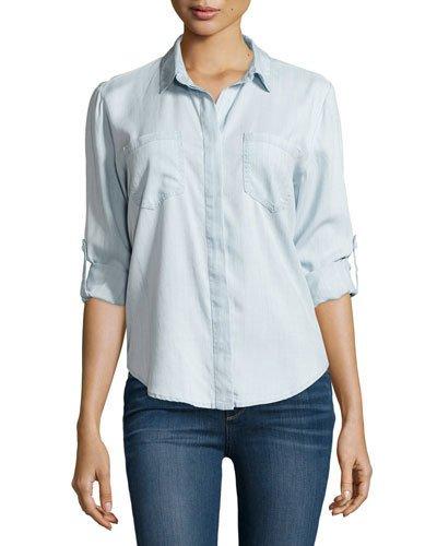 Riley Front-pocket Chambray Blouse, Frost