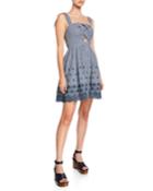 Erica Striped Floral Embroidered Fit-and-flare Dress