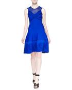 Mesh-inset Embroidered Scuba-knit Dress, Blue