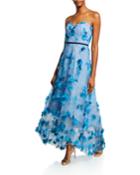 Printed Strapless High-low Gown With 3d Flower Degrade