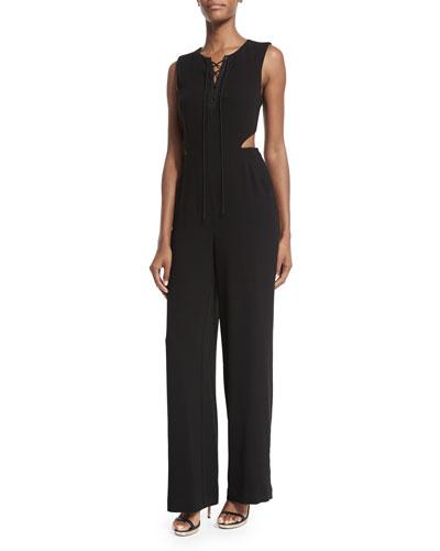 Sleeveless Angled Cutout Crepe Jumpsuit, Black