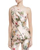 Botanical-print Mikado One-shoulder Draped Peplum Top