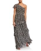 One-shoulder Ruffled Floral-print