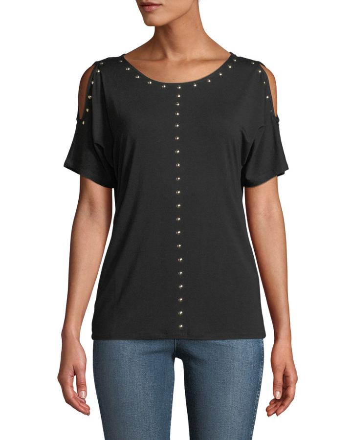Dome-studded Cold-shoulder Tee