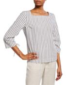 Stripe Rouge Ruched Tie-up-sleeve Top