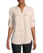 Button-front Blouse With Zipper Pockets