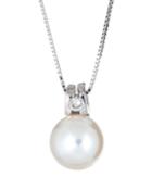 14k White Gold Pearl Necklace W/ Diamond In