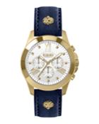 Men's 44mm Chronograph Watch W/ Leather Strap, Steel Gold/blue