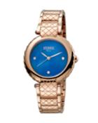 Women's 34mm Stainless Steel 3-hand Knurl Watch With Bracelet, Rose/blue