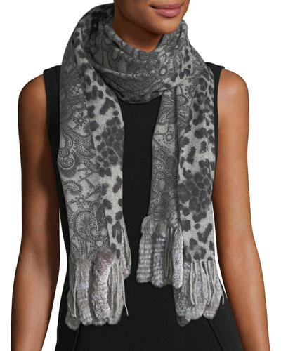 Reversible Lace-print Animal Print Wrap W/ Fur Trim