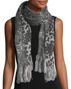 Reversible Lace-print Animal Print Wrap W/ Fur Trim