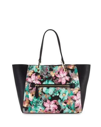 Oval-ring Small Tote Bag, Mint Floral/black