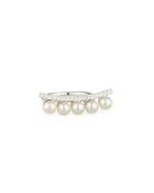 Curved Cz Crystal Bar & Simulated Pearl Ring,