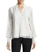 Lace-overlay Long-sleeve Blouse, White