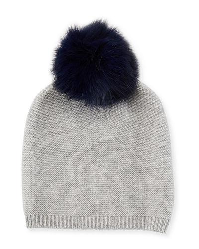 Cashmere Link-stitch Beanie With Fox Fur Pompom