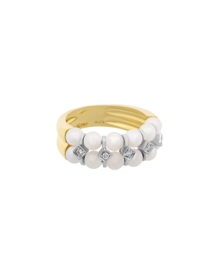 18k Stacked Pearl & 5-diamond Ring,