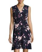 Sleeveless Floral-print Dress, Blue