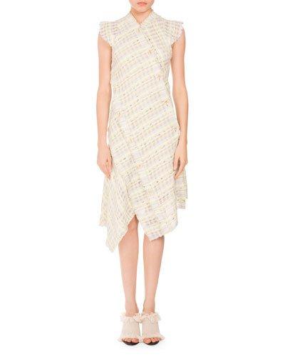 Plaid Boucle Asymmetric-button Dress, Yellow/gray