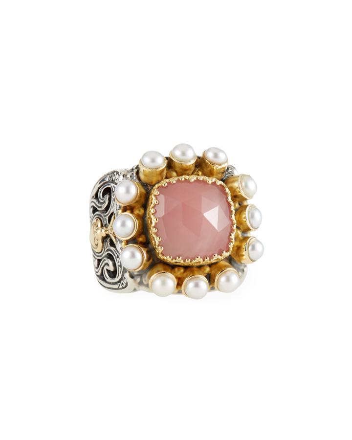 Amphitrite Cushion Guava Agate & Multi-pearl Statement Ring,
