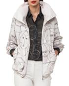 Zip-front Short Parka Jacket With Faces-print