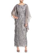 Cape-sleeve Embroidered Column Gown