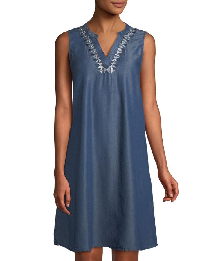 Embroidered Chambray Sleeveless Dress