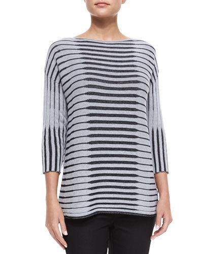 3/4-sleeve Bicolor Striped Jacquard
