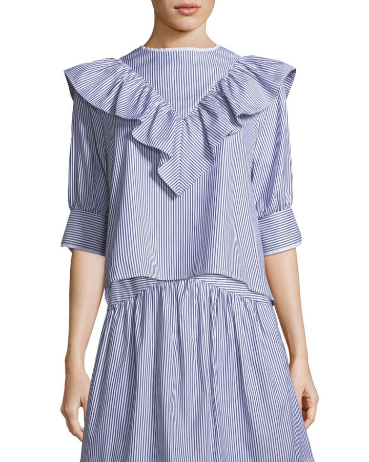Dimanche Elbow-sleeves Striped Poplin Blouse W/ Ruffled Frill