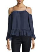 Off-the-shoulder Blouse W/ruffles, Navy