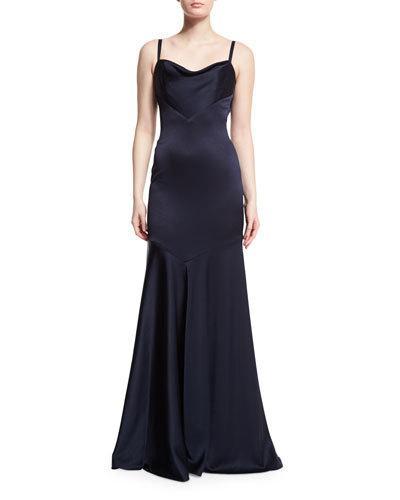Sleeveless Bias-cut Satin Mermaid Gown, Navy