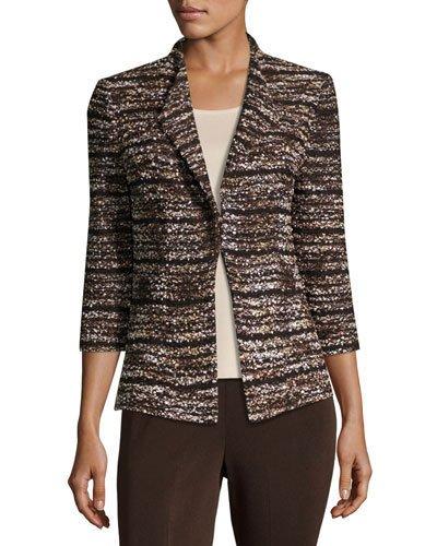 3/4-sleeve Tweed-knit Jacket, Brown