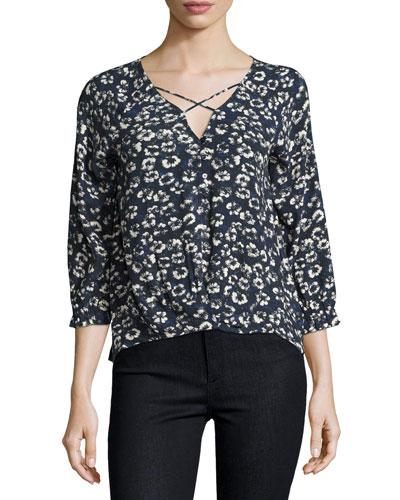 Floral-printed Crisscross Top, Blue/white
