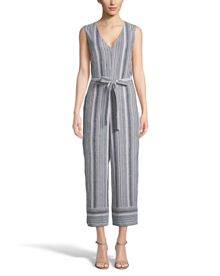 Striped Front-zip Sleeveless Tie-waist Cropped Jumpsuit