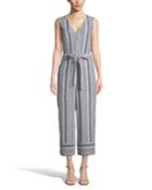 Striped Front-zip Sleeveless Tie-waist Cropped Jumpsuit