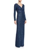 Luxe Sequin V-neck Long-sleeve Column Gown With Twist Front