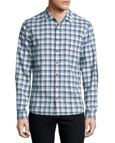 Plaid Flannel Long-sleeve Sport Shirt, Gray/blue