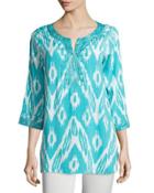 3/4-sleeve Embroidered Ikat-print Tunic, Teal Ocean/white