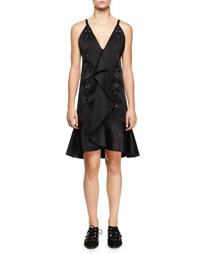 Eyelet-embellished Ruffle-front Dress, Black