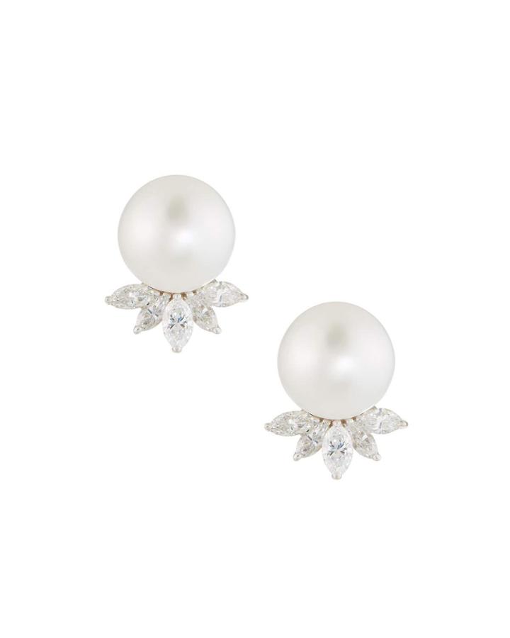 18k White Gold Pearl & Diamond Marquise Earrings
