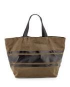 Faux-suede Striped Panel Tote Bag, Olive/black