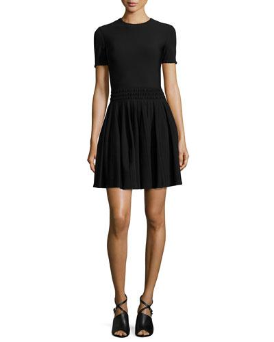Textured-waist Pleated Dress, Black