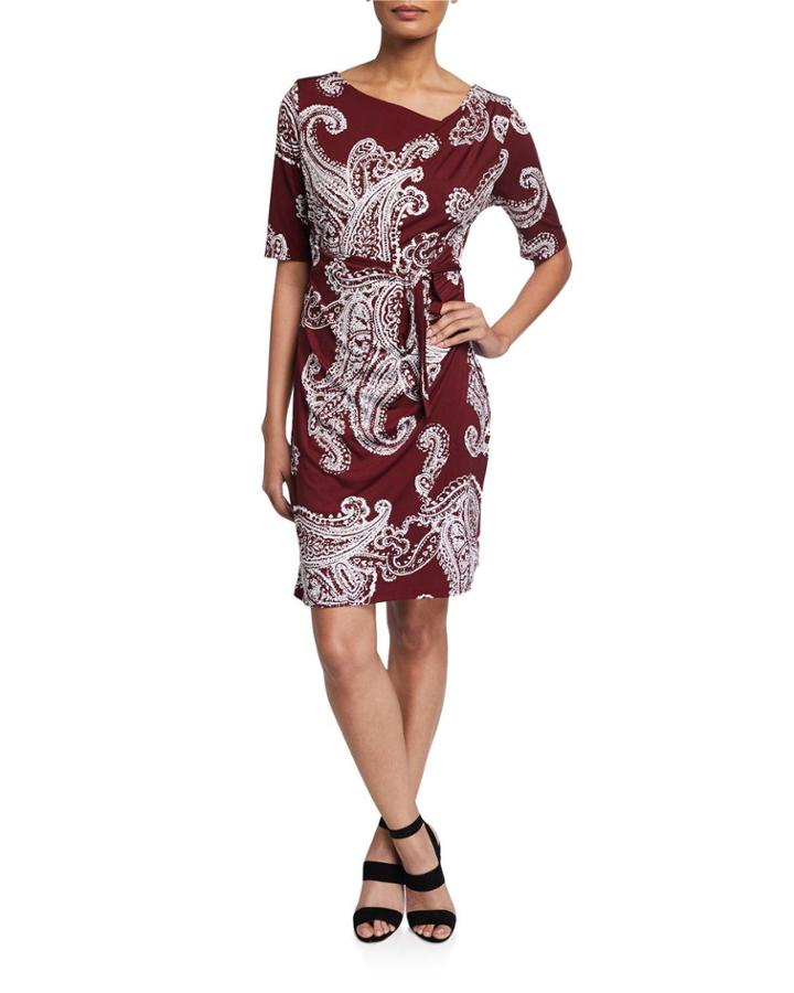 Puff Foil Interlock Knit Paisley Wrap Dress