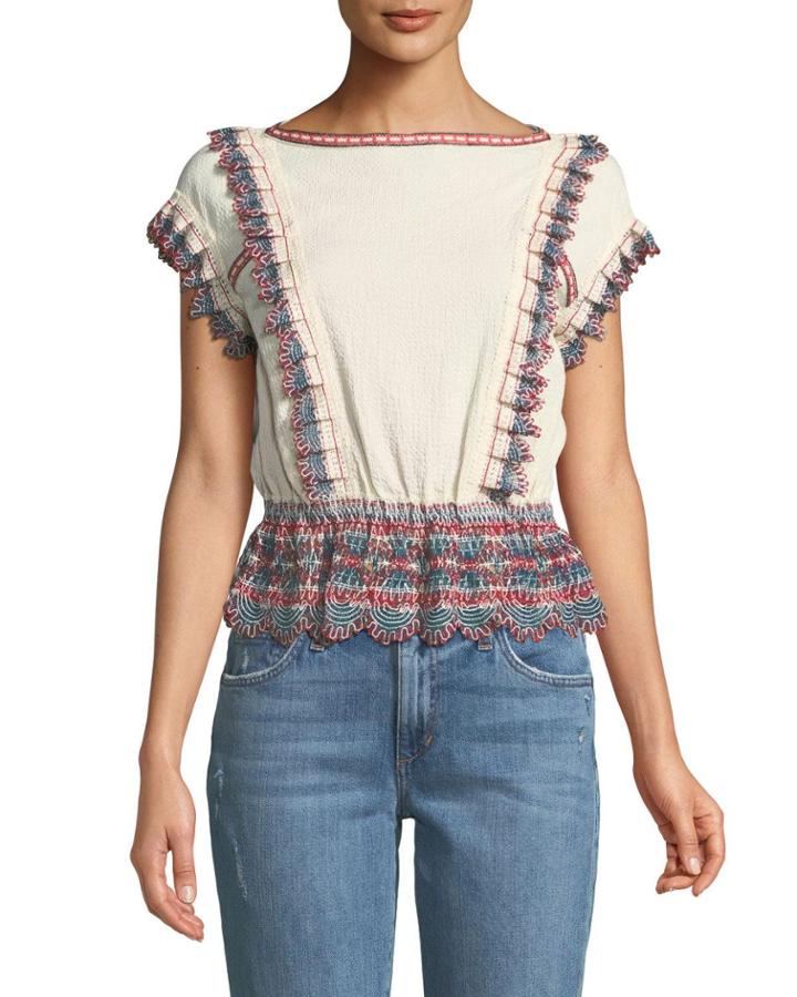 Embroidered Ruffle Dolman-sleeve Blouse